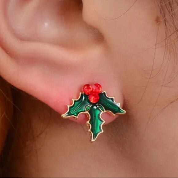 Holly Christmas Stud Earrings - Picture 2 of 2